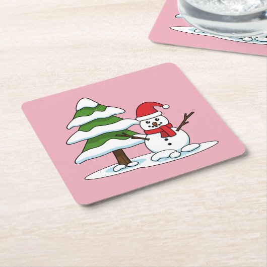 Snowman met Snowy Pine Tree Kartonnen Onderzetters (Schuin)