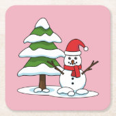 Snowman met Snowy Pine Tree Kartonnen Onderzetters (Voorkant)