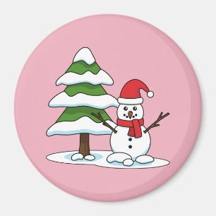 Snowman met Snowy Pine Tree Magneet