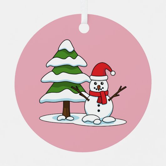 Snowman met Snowy Pine Tree Metalen Ornament (Voorkant)