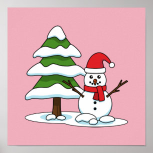 Snowman met Snowy Pine Tree Poster