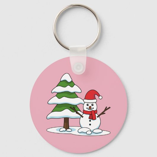 Snowman met Snowy Pine Tree Sleutelhanger (Voorkant)