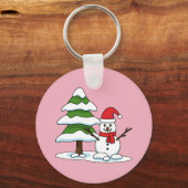 Snowman met Snowy Pine Tree Sleutelhanger (Voorkant)