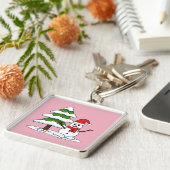 Snowman met Snowy Pine Tree Sleutelhanger (Zijkant)