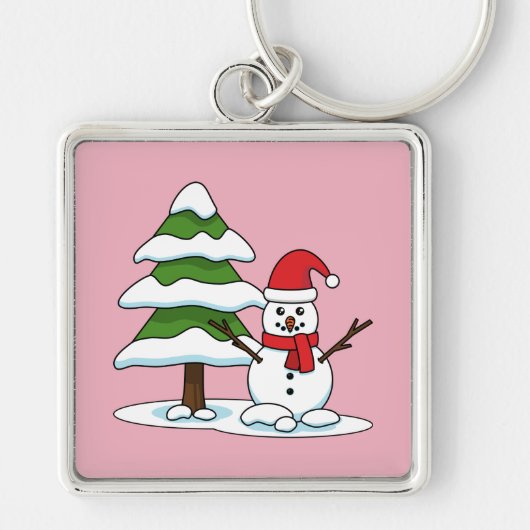 Snowman met Snowy Pine Tree Sleutelhanger (Voorkant)