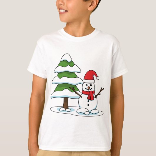 Snowman met Snowy Pine Tree T-shirt (Voorkant)
