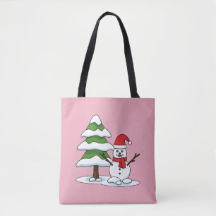 Snowman met Snowy Pine Tree Tote Bag