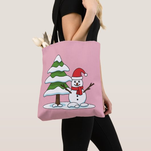 Snowman met Snowy Pine Tree Tote Bag (Dichtbij)