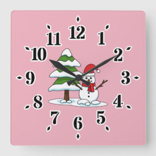 Snowman met Snowy Pine Tree Vierkante Klok