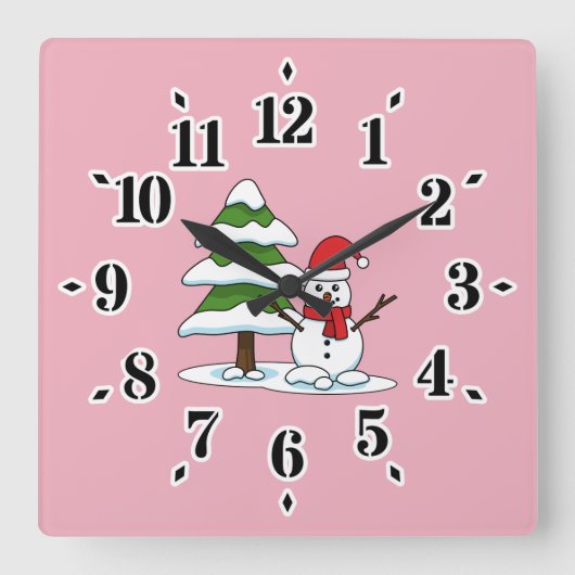 Snowman met Snowy Pine Tree Vierkante Klok (Voorkant)