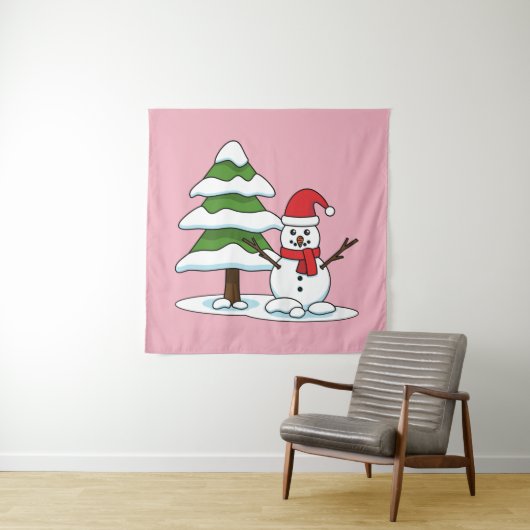 Snowman met Snowy Pine Tree Wandkleed (In situ)