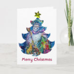 SNOWMAN MET TOYS EN CHRISTMAS TREE FEESTDAGEN KAART<br><div class="desc">Whimsical,  kleurful en cool Winter night illustratie,  waterverf schilderij in levendig blauw wit,  roze,  kleuren.</div>