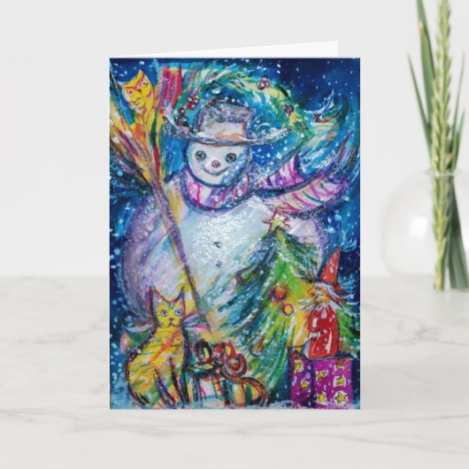 SNOWMAN MET TOYS, wit blauw geel Feestdagen Kaart (Voorkant)