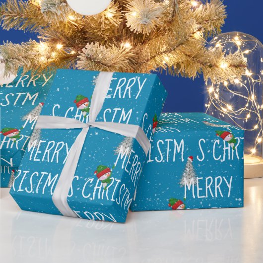 Snowman met vrolijk kerstfeest en boom in Snowflak Cadeaupapier (Feestdagen)