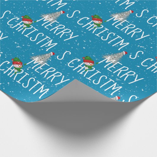 Snowman met vrolijk kerstfeest en boom in Snowflak Cadeaupapier (Hoek)