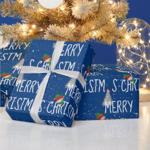 Snowman met vrolijk kerstfeest en boom in Snowflak Cadeaupapier