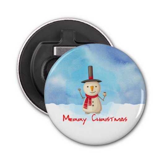 Snowman met vrolijk kerstfeest en glimlachen button flesopener (Voorkant)