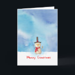 Snowman met vrolijk kerstfeest en glimlachen feestdagen kaart<br><div class="desc">Vakantie wenskaart met een leuke sneeuwpop illustratie. Hij draagt een zwarte stovepipe pet, houdt een maïskolfpijp vast en draagt een rode sjaal. Hallo In de koude witte sneeuw staan lachen en zwaaien De achtergrond bestaat uit een waterverf lucht met blauwe en paarse kleuren die samenvloeien en vermengen. Tekst op de...</div>