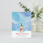 Snowman met vrolijk kerstfeest en glimlachen feestdagenkaart (Staand voorkant)