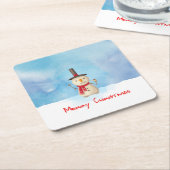 Snowman met vrolijk kerstfeest en glimlachen kartonnen onderzetters (Schuin)