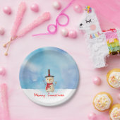 Snowman met vrolijk kerstfeest en glimlachen papieren bordje (Feest)