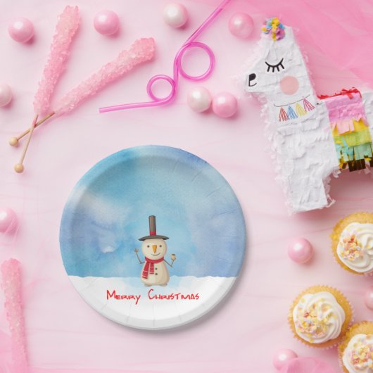 Snowman met vrolijk kerstfeest en glimlachen papieren bordje (Feest)