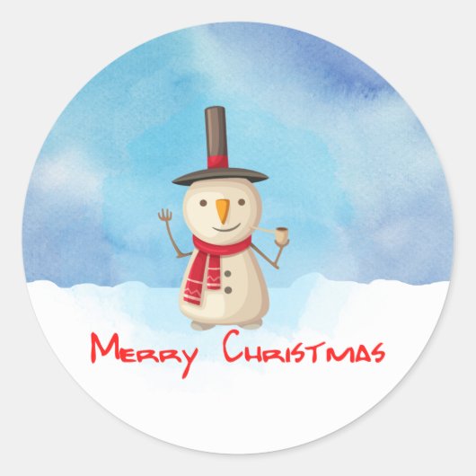 Snowman met vrolijk kerstfeest en glimlachen ronde sticker (Voorkant)