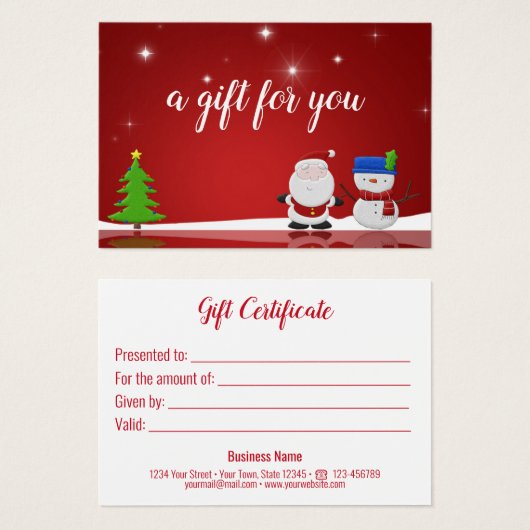 Snowman met vrolijk kerstfeest en kerstcadeaubon visitekaartje (Voorkant /achterkant)