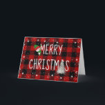 Snowman met vrolijk kerstfeest in Snowflakes op Ps Feestdagen Kaart<br><div class="desc">Snowman op Merry kerstsms met witte dennenboom en sneeuwvlokken op rood en zwart buffelvlecht.</div>