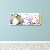 Snowman met Winter Mittens en kerstbomen Canvas Afdruk (Insitu (Houten vloer))