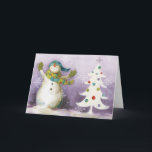 Snowman met Winter Mittens en kerstbomen Feestdagen Kaart<br><div class="desc">© Lisa Audit / Wild Apple.  Dit afbeelding is voorzien van een sneeuwman met wintermitters en een groene sjaal. Ook in het afbeelding zijn er twee witte kerstbomen.</div>