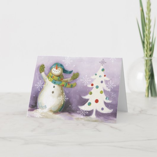 Snowman met Winter Mittens en kerstbomen Feestdagen Kaart (Voorkant)