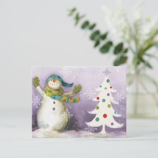 Snowman met Winter Mittens en kerstbomen Feestdagenkaart (Staand voorkant)