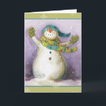 Snowman met Winter Mittens Feestdagen Kaart<br><div class="desc">© Lisa Audit / Wild Apple.  Deze vakantiesnowman draagt winterwanten en een groene sjaal met polka stippen. Het afbeelding is begrensd door sneeuwvlokken langs de zijkanten.</div>