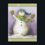 Snowman met Winter Mittens Feestdagenkaart<br><div class="desc">© Lisa Audit / Wild Apple.  Deze vakantiesnowman draagt winterwanten en een groene sjaal met polka stippen. Het afbeelding is begrensd door sneeuwvlokken langs de zijkanten.</div>