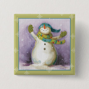 Snowman met Winter Mittens Vierkante Button 5,1 Cm