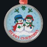 Snowman Metalen Ornament<br><div class="desc">Personaliseer dit unieke "One Of A Kind" kerstornament! Het toont Mr. & Mrs. Frosty The Snowman die een magische kerstwandeling maakt door een "sneeuwwinterwonderland"! Origineel kunstschilderij van kunstenaar Kerry Miller.</div>
