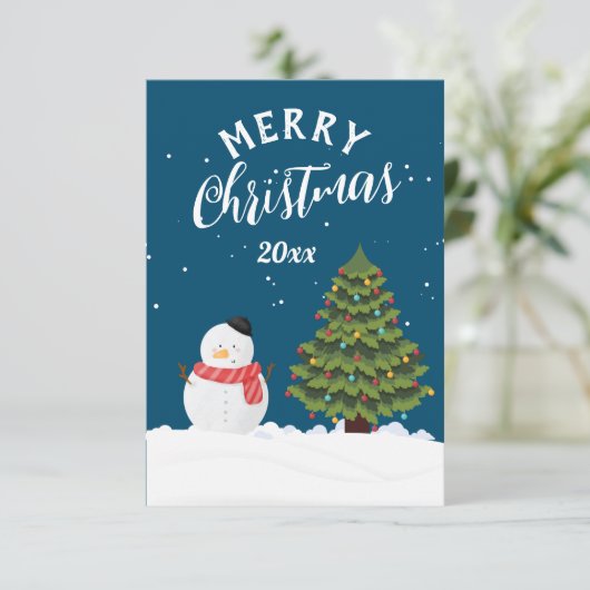 Snowman, mooie marineblauwe sneeuw bedankkaart (Staand voorkant)