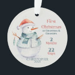 Snowman New Grandouders First Kerstmis  Ornament<br><div class="desc">De prachtige Eerste Kerstmijlpaal van opa's uit het kerstfeest is een groot teken om het feit te vieren dat ze oma en opa zijn voor een nieuw meisje of een baby. Festive winter sneeuwman gemaakt in waterverf grafische kunst. Gepersonaliseerd met maanden en dagen van het zijn van nieuwe grootouders die...</div>