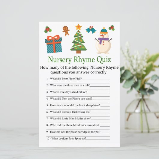 Snowman Nursery Rhyme Quiz baby shower game (Staand voorkant)