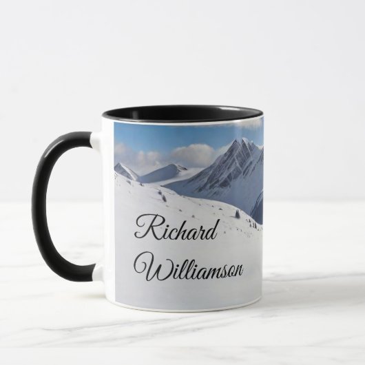 Snowman on Skis in snowy mountains Personalize Mok (Links)