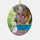 Snowman op Blue and Red Merry-kerstfoto Keramisch Ornament (Rechts)