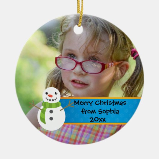 Snowman op Blue and Red Merry-kerstfoto Keramisch Ornament (Voorkant)