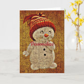 Snowman op de burlap schattige landwinter kaart (Gele Bloem)