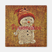 Snowman op een mooie rustige winter in burlap magneet (Voorkant)