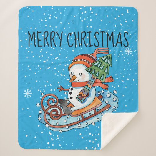 Snowman op een Sled Fleece Sherpa Blanket Deken (Voorkant)