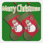 Snowman op kerst met rust op groen vierkante sticker (Voorkant)