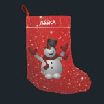 Snowman op rode achtergrond kleine kerstsok<br><div class="desc">Geluksvochtige sneeuwman over de sparende rode achtergrond</div>