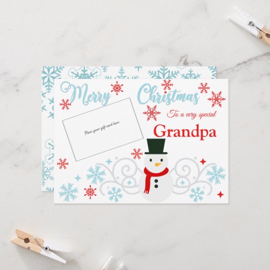 Snowman opa Gift Kaart houder (Voorkant / Achterkant in situ)