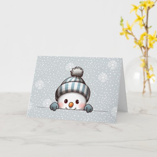 Snowman Peeking Personalized Christmas Card Kaart (Gele Bloem)